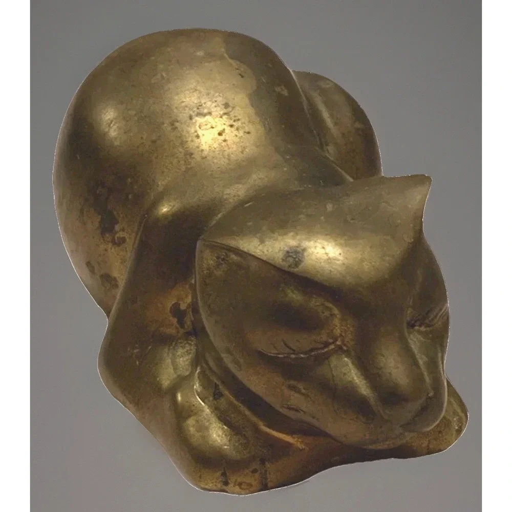Vintage Brass Sleeping Cat Figurine Statue MCM Large 6